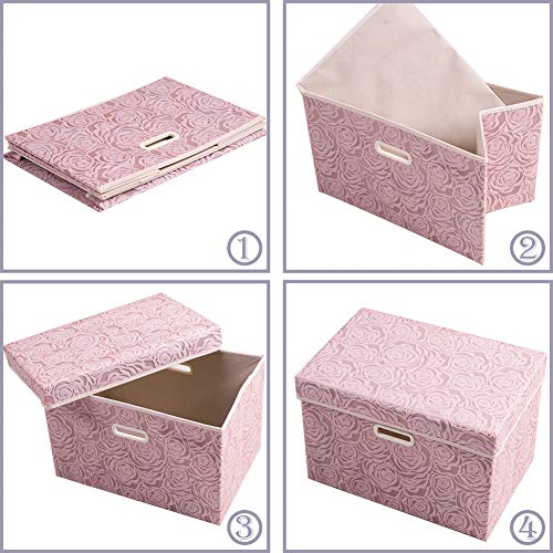 PRANDOM Collapsible Storage Boxes with Lids Fabric Decorative Storage Bins Cubes Organizer Containers Baskets with Cover Handles Divider for Bedroom Closet Living Room 14.9x9.8x9.8 Inch 3 Pack - color: Pink, size: Medium(3-Pack)