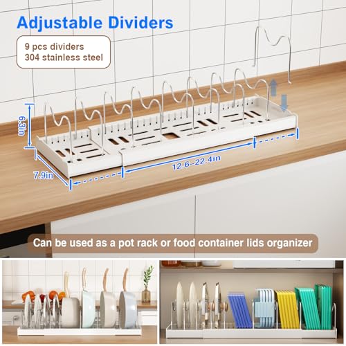 Mustorn 2 Pack Pots and Pans Organizer Under Cabinet, 22" Expandable Food Storage Container Lid Organizers with 9 Adjustable Dividers Pot and Pan Lid Holders Rack Inside Cabinet/Countertop(White) - color: White(Expandable), size: 2 Pack