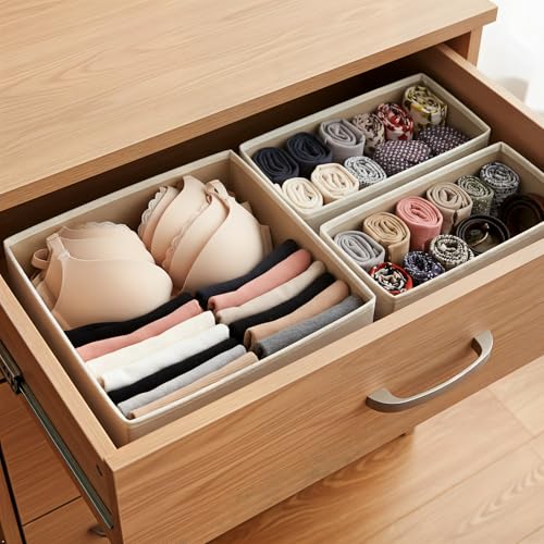 Underwear Drawer Organizer 2 Pack - Foldable Fabric Storage Bins for Dresser & Closet, Khaki Sock and Bra Dividers, 2 Sizes for Bedroom Organization