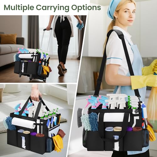 Large Rolling Cleaning Caddy with Detachable Trolley, Cleaning Supply Organizer Bag with Wheels & Multi-Pockets, Water-Resistant Cleaning Cart on Wheels for Housekeeping, Cleaner