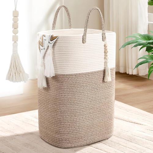 Woven Laundry Basket for Clothes, 80L Large Rectangle Laundry Hampers with Beads Tassel, Nursery Storage Basket for Toys, Tall Dirty Clothes Hamper for Bedroom Aesthetic, Laundry Room Organization - color: Brown, size: 80L