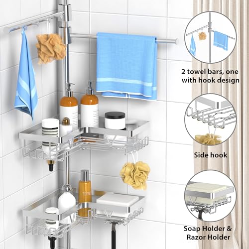 KEGII Shower Caddy Tension Pole with 2 Towel Bars, Adjustable Corner Bathroom Organizer, Rustproof Bathtub Storage Shelves for Shampoo, 25–114.2 Inch Shower Rack for Renters & Family, Silver - style: Shower Caddy with Towel Bar - Brushed Silver