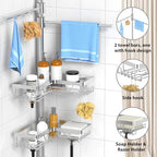 KEGII Shower Caddy Tension Pole with 2 Towel Bars, Adjustable Corner Bathroom Organizer, Rustproof Bathtub Storage Shelves for Shampoo, 25–114.2 Inch Shower Rack for Renters & Family, Silver - style: Shower Caddy with Towel Bar - Brushed Silver
