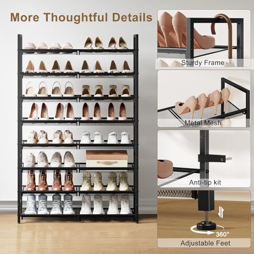 8 Tier Metal Shoe Rack, Tall Shoe Organizer Holds 32-40 Pairs, with Adjustable Flat or Angled Shelves, Shoe Storage Shelf for Closet, Entryway, Garage, Black - size: 8-Tier