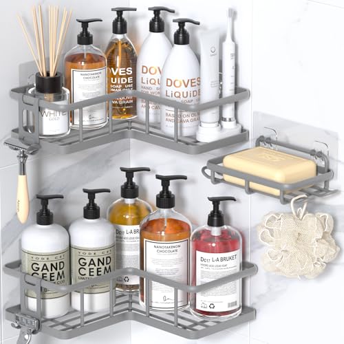 YASONIC Shower Caddy Corner, 3-Pack Adhesive Rustproof Stainless Steel Shower Shelves with Soap Holder, No Drilling Shower Organizer Corner for Dorm, Renters Bathroom, Grey - color: Grey, size: 3Pack