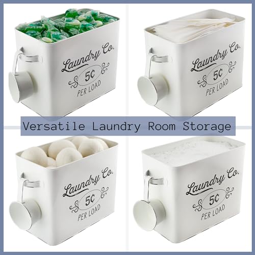 AuldHome Design Farmhouse Laundry Powder Container, White Enamelware Detergent Bin w/Scoop