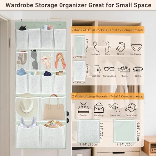 16 Pockets- Over Door Hanging Storage Organizer with 4 Kinds Pouch,Behind Closet Hanging Shelf Holder for Sock,Hat,Underwear,Travel Outfit,Shoes,Back of Door Space-saving Organization for Home,Dorm,RV - style: Medium-Green: Pack of 1
