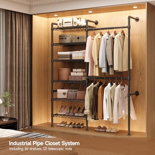 Wall Mounted Garment Rack, Walk-in Closet System with Expandable Rods, Adjustable Shelves, Industrial Pipe Clothing Racks, Hanging Clothes Organizers and Storage, Metal Closet Shelving Wardrobe - color: Black