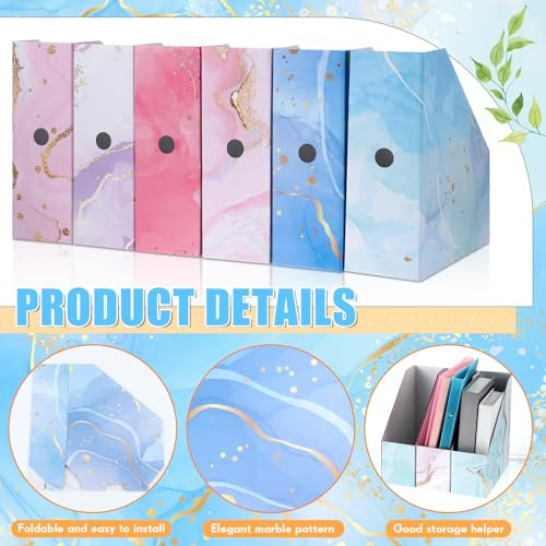 PerKoop 6 Pcs Decorative Magazine File Holders Floral Foldable File Folders Magazine Storage Boxes Rack Desk Organizer Documents with Printable Labels for School Office Home (Marble) - style: Marble