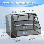 Docnest 3 Tier Metal Mesh Desk Organizer - Letter Tray with Built-in Pen Holder & Handle, Black - color: 3 Tier with File Holder-Black