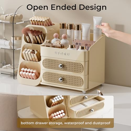Makeup Organizer for Vanity with Brush Holder, Large Plastic Bathroom Countertop Skincare Organizer with 2 Drawers, Spacious Cosmetic Display Case for Perfumes, Eyeshadow Palettes, Nail Polishes - color: Beige, size: Large