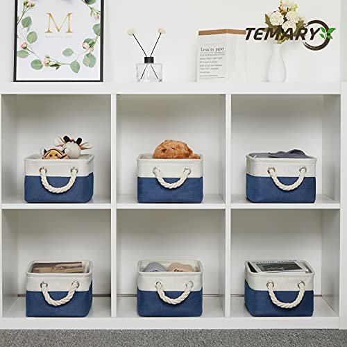 Temary Small Storage Baskets for Shelves, 6 Pcs Empty Gift Baskets for Organizing Clothes, Books, Fabric Storage Bins with Rope Handles (White&Blue,11.8 L x 7.9 W x 5.3 H inches) - color: Blue&white, size: 11.8L x 7.9W x 5.3H inches (6pcs)
