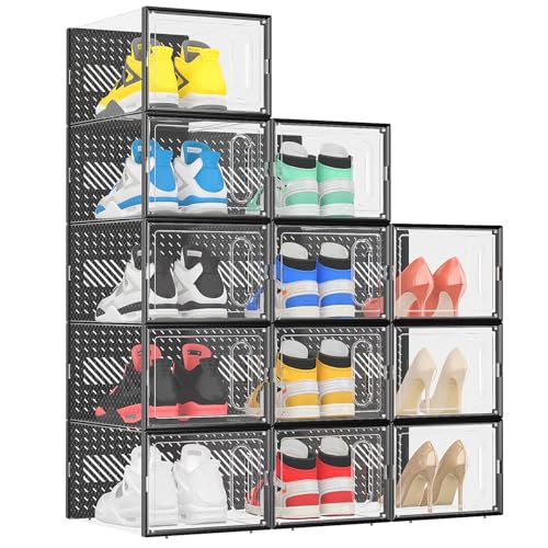 eWonLife X-Large Shoe Boxes with Magnetic Door, 12-Pack Stackable Shoes Storage Organizer for Closet, Clear Plastic Sneaker Container Shoe Rack for Size 12, Black - color: Black