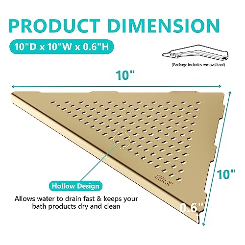 Qeke Bathroom Corner Shelf, Recessed 10" Shower Shelf Caddy, SUS304 Stainless Steel Shelf Wall Mount Triangular, No Drilling, Brushed Golden - color: Brushed Golden, size: 10"- 1 Pack
