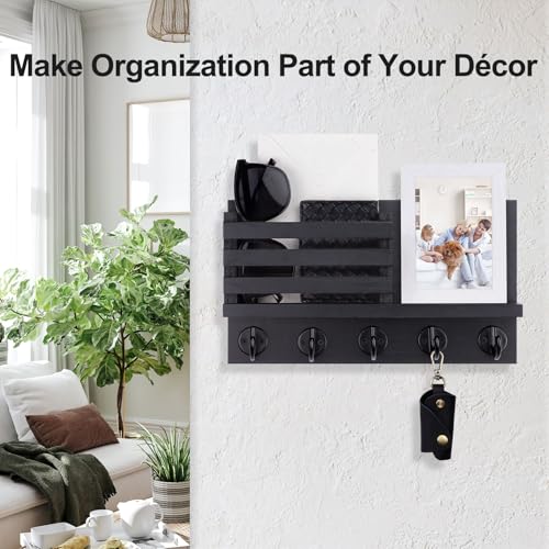 Lwenki Key Holder for Wall – Decorative Wooden Mail Holder and Key Shelf with Mounting Hardware, Installation Guide – Paulownia Wood with Metal Key Hooks (Black, Large - 11.8inch) - color: Black, size: Large - 11.8inch