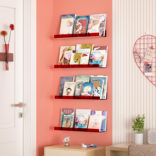 upsimples Acrylic Shelves for Wall Decor, 15" Display Shelf Perfume Organizer for Bathroom, Bedroom, Living Room, Floating Bookshelves for Kids, Clear Red, 4 Pack - color: Red