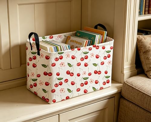 Sanjiaofeng Rectangular Kids Baskets,Pink Cherry Storage Bin,Kids Storage Bins,Collapsible Storage Bin Cute Organizer Box Books Box,Gift Basket,Girl Room Decor(Cherry) - color: Cherry