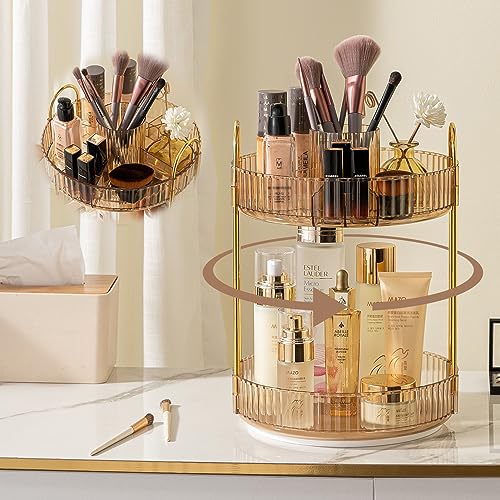shuang qing Rotating Makeup Organizer for Vanity, High-Capacity Skincare Clear Make Up Storage Perfume Organizers Cosmetic Dresser Organizer Countertop 360 Spinning (Gold, New-2 Tier) - color: Gold, size: New-2 Tier