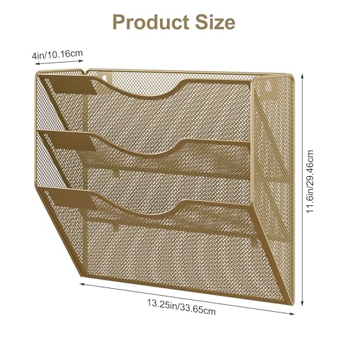 EasyPAG 3 Pocket Mesh Wall File Organizer, Hanging Paper Folder Holder with Classify Label, Vertical Wall Mount Mail Organizer for Office Home Classroom, Gold - color: Gold, size: 3 Tier