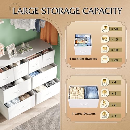 WLIVE Dresser for Bedroom with 8 Drawers, Wide Fabric Dresser for Storage and Organization, Bedroom Dressers, Chest of Drawers for Living Room, Closet, Hallway, White - color: White, style: 8 Drawers