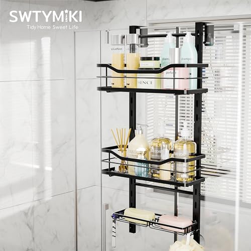 SWTYMIKI Over the Door Shower Caddy - 3 Tier Adjustable Shower Organizer Hanging with Soap Holder, No Drilling Stainless Steel Bathroom Rack Hanging for Body Wash, Shampoo, Soap, Razor, Black - color: Black-3 Tier