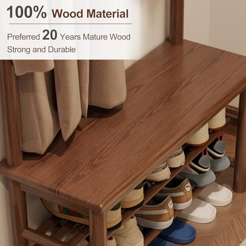 AQIMUELE Coat Rack with Shoe Storage, Wooden Hall Tree with Bench, 11 Hooks and 2-Tier Storage Shelves, 3-in-1, Entryway Bench with Coat Rack (31.5"-Walnut) - color: Walnut, size: 31.5"