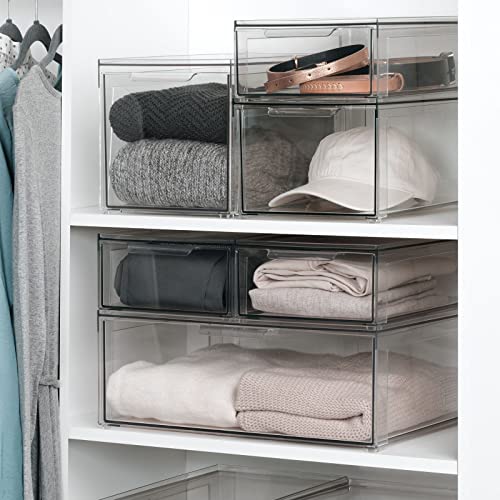 mDesign Plastic Closet Organizer Bin w/Pull Out Drawer - Shallow Stackable Storage for Closet - Organization for Shoes, Clothes, Bags, Totes, and Small Linens - Lumiere Collection - Clear - size: 8 x 12 x 4 (Pack of 1)