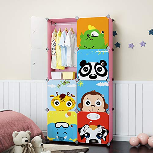 MAGINELS Children Wardrobe Closet,Baby Girl and Kids Closet with Door, Cute Protable Cube Storage Clothes,Dresser for Bedroom,Pink,8 Cube(14x14inch) - color: Pink, size: 8 Cube