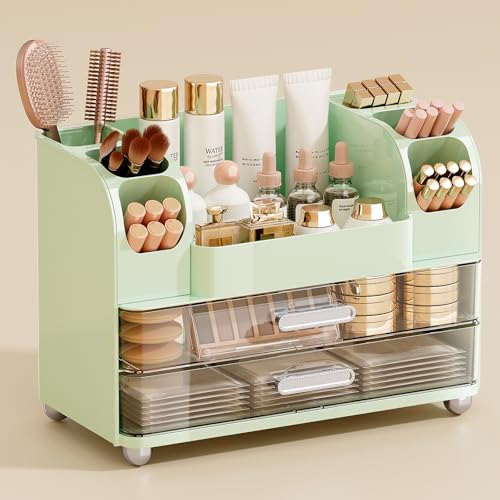 Makeup Organizer for Vanity with 2 Large Drawers, Cosmetic Display Case with Brush Holders, Easy to Storage for Bathroom Countertop Skincare, Perfume, Green - color: Green