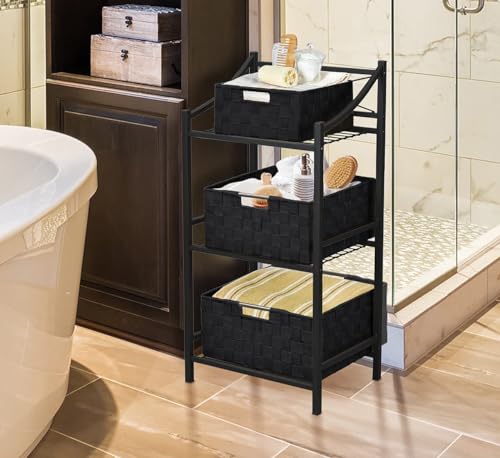 Sorbus Storage Box Woven Basket Bin Container Tote Cube Organizer Set Stackable Storage Basket Woven Strap Shelf Organizer Built-In Carry Handles (Black) - color: Black