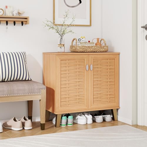 Giantex Shoe Cabinet with Doors, 4-Tier Farmhouse Shoe Rack Cabinet with 3 Adjustable Shelves, Freestanding Wood Shoe Storage Cabinet for Entryway, Closet, Hallway, Living Room