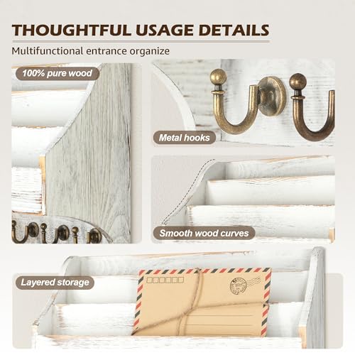 Rebee Vision Pine Wood Key Holder Wall Mount - Farmhouse 3-Tire Mail Holder for Wall with 6 Key Hooks for Home Decor- Multifunctional File Organizer for Entreyway, Living Room (Whitewash) - color: Whitewash