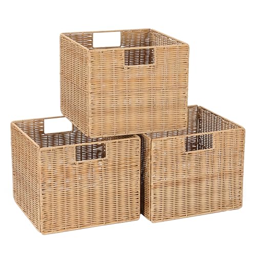 12X12X10in Plastic Wicker Storage Basket, Collapsible Wicker Cube Storage for Shelves, Woven Plastic Storage Basket for Pantry, Bedroom, Living Room, Bathroom, Shelves-3 Pack - color: Natural