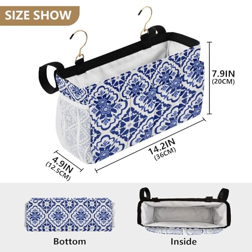 Bedside Caddy Hanging Bunk Bed Caddy Bed Organizer Hanging Pocket with 2 Hooks Bedside Storage Organizer Pocket Bag Holder Floral Blue and White Geometric - color: Floral Blue and White Geometric