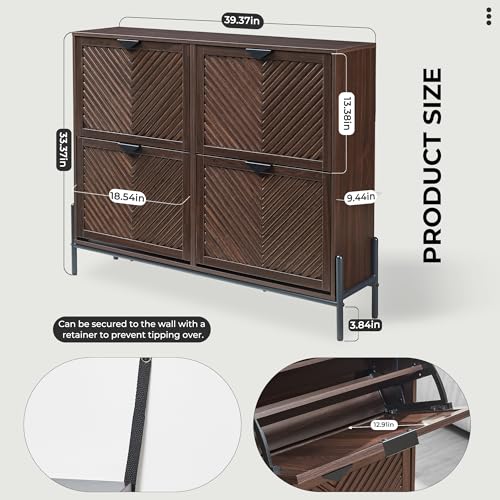 Shoe Cabinet Storage with 4 Flip Drawers, Narrow Hidden Shoes Organizer Cabinet for Entryway, Freestanding Slim Shoe Rack Front Door Entrance(Brown) - color: Brown, size: Large