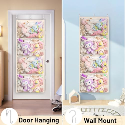 Wide Over The Door Stuffed Animal Storage, Cotton Toy Organizer for Plush Toys, Baby Supplies, Stuffed Animal Holder with 4 Large Pockets, Hanging Door Organizer for Nursery, Bedroom, Kids Room - color: Beige, size: Widen