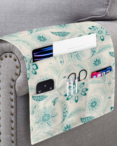 Sofa Armrest Organizer Bedside Caddy, Vintage Turquoise Floral Non Slip Couch Remote Control Holder for Recliner, Rustic Abstract Flower Burlap Arm Chair Caddy with Pocket for Magazine Phone, 13"x35" - color: Turquoise, size: 13x35 in
