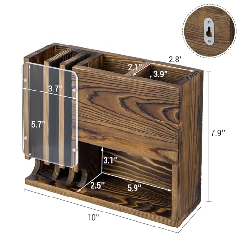 MyGift Wall-Mounted Remote Control Holder with Battery Storage Organizer, 2 Slot TV Remote Caddy, Rustic Burnt Wood, for Office, Home