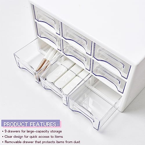 Desk Storage Organizer with 9 Drawers, FODIENS Stackable Desktop Craft Drawer Cabinet, Clear Storage Box Caddy for Makeup Jewelry Office Craft Supplies (9.84×6.3×5.9in) (White) - color: White