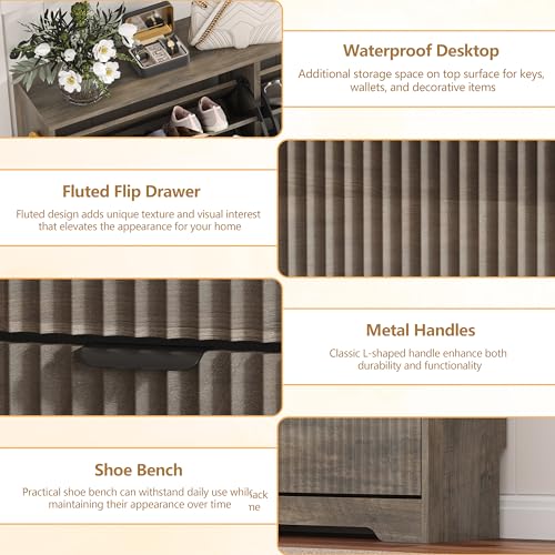 HUANLEGO Shoe Cabinet Storage for Entryway with 6 Flip Drawers, Grey Fluted Shoe Cabinet with Adjustable Shelves, Wooden Hidden Shoe Rack Freestanding Narrow Slim Shoes Storage for Hallway, Entrance - color: Grey, size: 6 Drawer