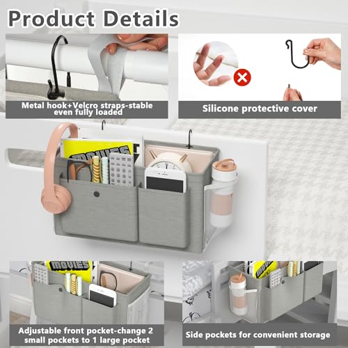 Edudif Bedside Caddy Bedside Organizer with Fixed Straps & Water Bottle Holder, Bunk Bed Caddy ideal for Home, Dorm, Hospital, Crib, Versatile Bedside Storage Solution (Grey 2pcs) - color: Grey 2pcs