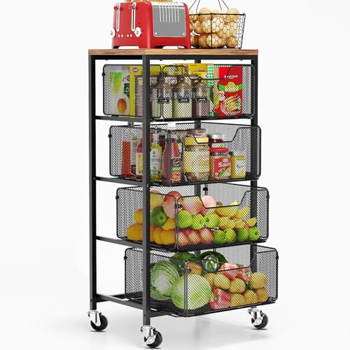 Goovilla Kitchen Cart with Drawers, 4 Tier Metal Rolling Utility Cart Organizer on Lockable Wheels with Wooden Top, Black Fruit Vegetable Storage Rack Also for Cans, Snack, Craft, Art, Office, Beauty - size: Black