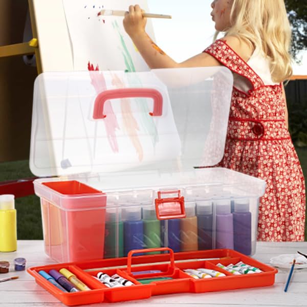 JUXYES Plastic Clear Craft Paint Bottle Storage Box with Divided Tray and Cleaning Cup, Portable Acrylic Paint Storage Organizer Case with Lid, Storage 36 Bottles of 2 fl. oz Acrylic Paints, Orange - color: Orange
