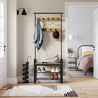 VASAGLE Coat Rack, Hall Tree with Shoe Bench for Entryway, Entryway Bench with Coat Rack, 4-in-1, with 9 Removable Hooks, a Hanging Rod, 13.3 x 28.3 x 72.1 Inches, Honey Brown and Black UHSR040B05 - color: Honey Brown + Black, size: 28.3"W