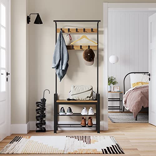 VASAGLE Coat Rack, Hall Tree with Shoe Bench for Entryway, Entryway Bench with Coat Rack, 4-in-1, with 9 Removable Hooks, a Hanging Rod, 13.3 x 28.3 x 72.1 Inches, Honey Brown and Black UHSR040B05 - color: Honey Brown + Black, size: 28.3"W
