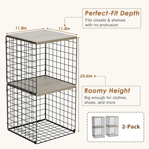Hencawima 4-Tier Stackable Closet Organizers and Storage, Dual-Layer Reinforced Clothing Cube Shelves with Wood Tops, Sturdy Clothes Storage Bins & Shelf Basket for Wardrobe, Closet Organizer System