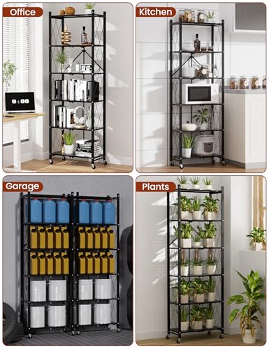 ALANNG 73.6 Inch Folding Bookshelf, 6 Tier Metal Bookcase and Bookshelves, Tall Shelves for Living Room Office Bedroom, Heavy Duty Book Shelve Free Standing Open (Black, 1PACK) - color: Black