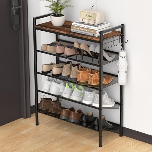 Refrze Shoe Rack for Front Door Entrance, 5 Tier Height-Adjustable Metal Shoe Rack, Sturdy Wooden Top and Tiltable Steel Frame Heavy Duty Shoe Organizer for Bathroom,Bedroom,Kitchen，Include Hook - color: Brown + Black, size: 5-Tier (11.8"D x 29.1"Wx 38.7"
