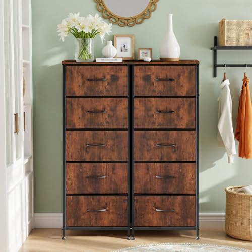 Nightstand, 5 Drawer Dresser End Table Bedside Furniture with Wooden Top Steel Frame Fabric Bins for Bedroom, Closet, Entryway, Dorm, Living Room, Brown - color: Brown, size: 11.8"D x 15.8"W x 47.8"H (5 Drawers)
