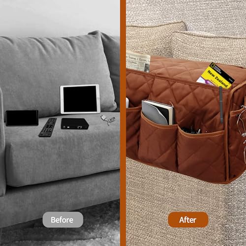 MEHIDFY Armchair Caddy, Waterproof Sofa Armrest Organizer, Non Slip Recliner Organizer, Remote Holder for Recline, Recliner Caddy with 14 Pockets Storage for TV Remote, Phone, Magazine (Brownish Red) - color: Brownish Red